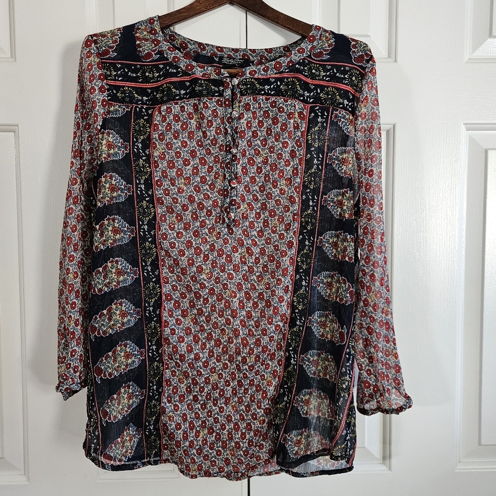 Lucky Brand Womens Boho Sheer Top XL Cottagecore Floral Peasant Hippie Indie